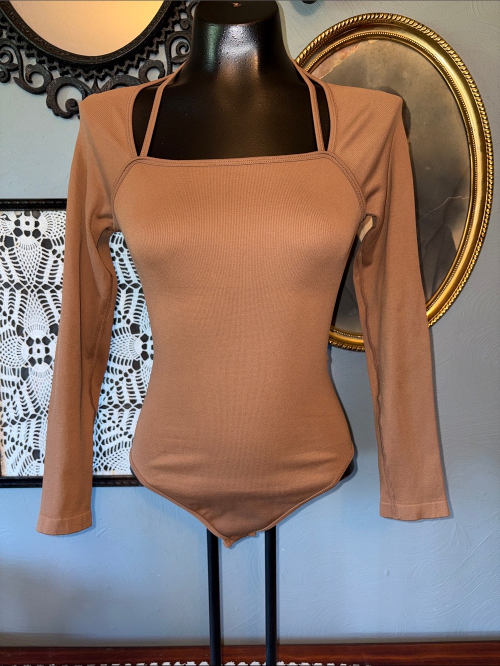 Square Neck Long Sleeve Bodysuit in Brown